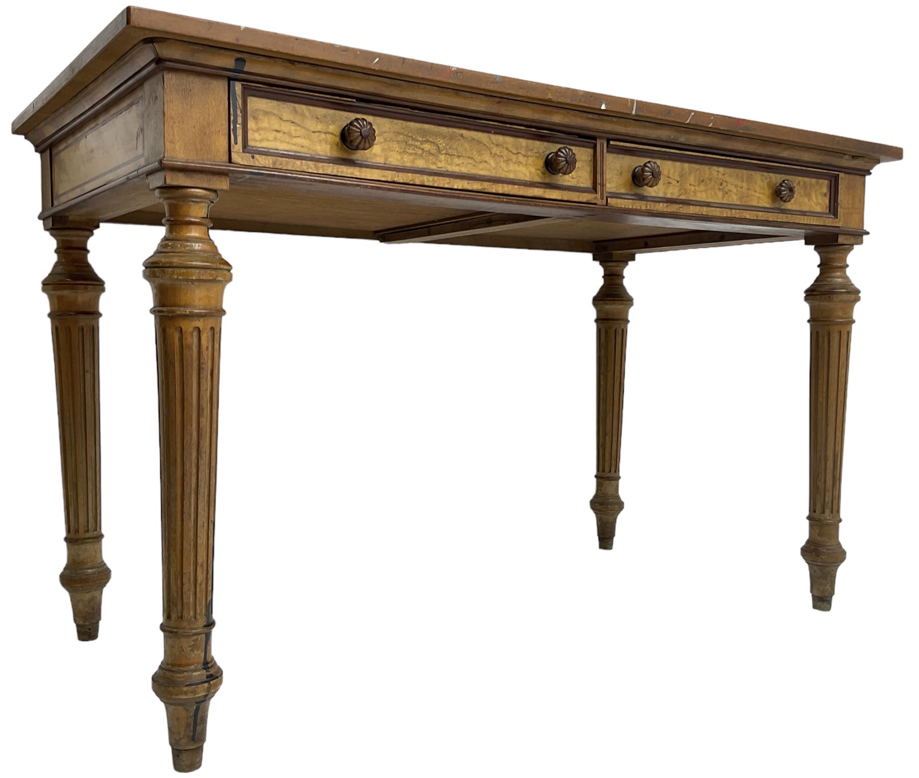19th century walnut side table, rectangular top over two drawers with elm facias, lobe carved handles and moulded edge in mahogany, on turned and fluted supports 