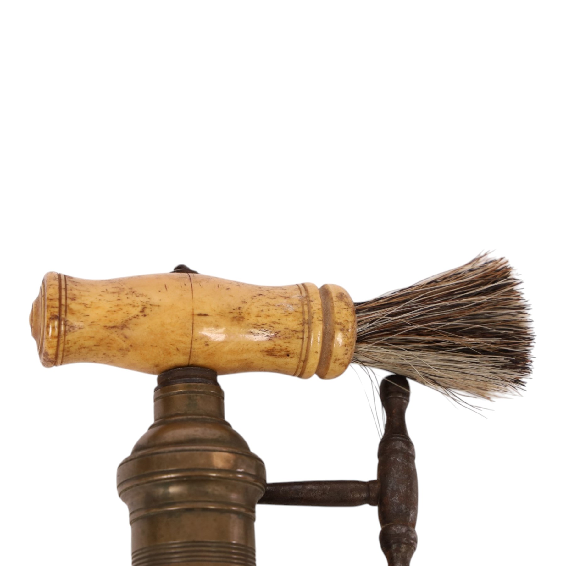 19th century Thomason Dowler style barrel shaped corkscrew the turned wooden handle with brush, rack and pinion action with sidewinder handle, marked Hill Newmarket, H14cm