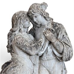 Romeo & Juliet ornate cast stone garden figure, raised on square plinth base