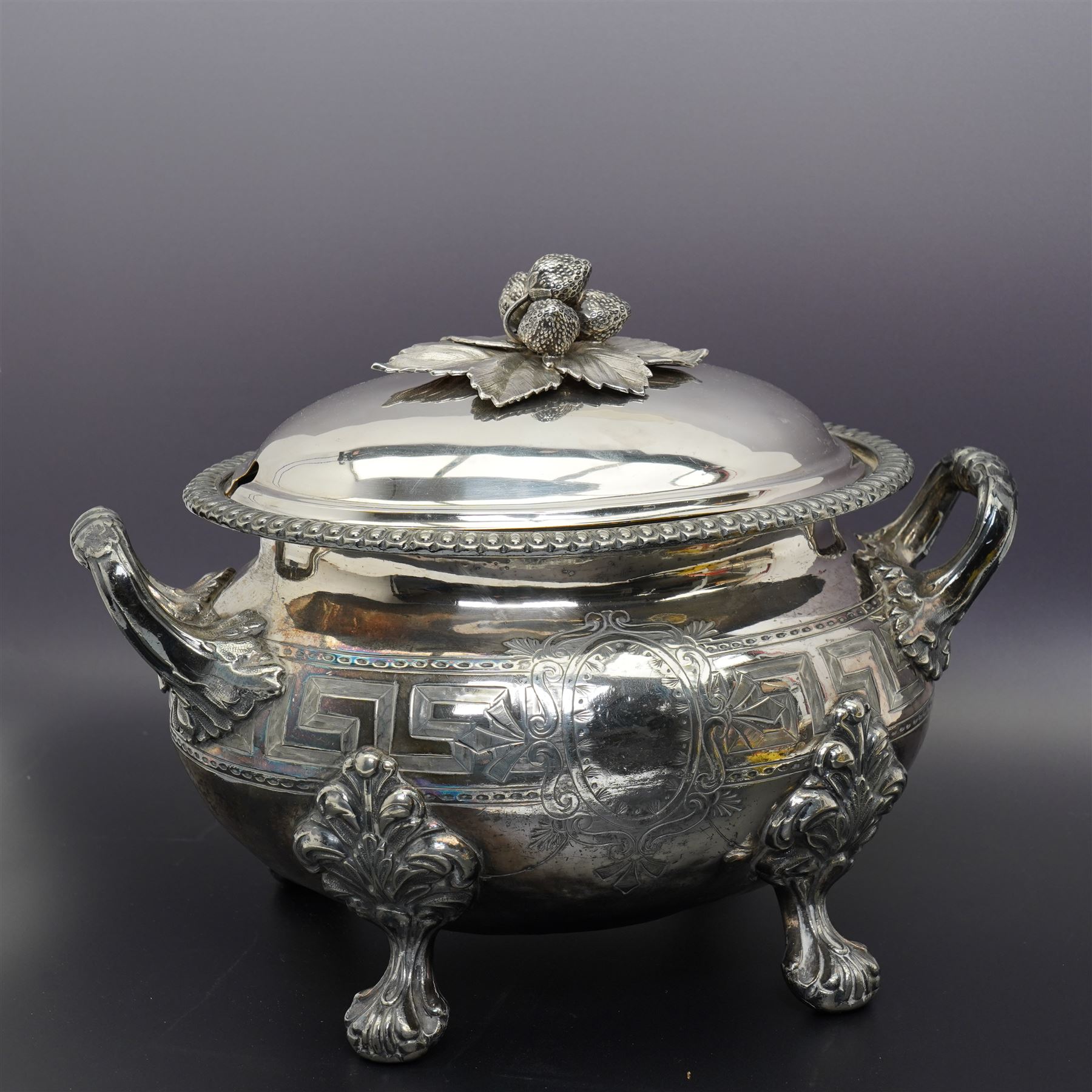 Pair of Georgian design plated candlesticks on square bases H26cm, plated hot water dish, the cover with deer lift and a plated two handled tureen with associated cover