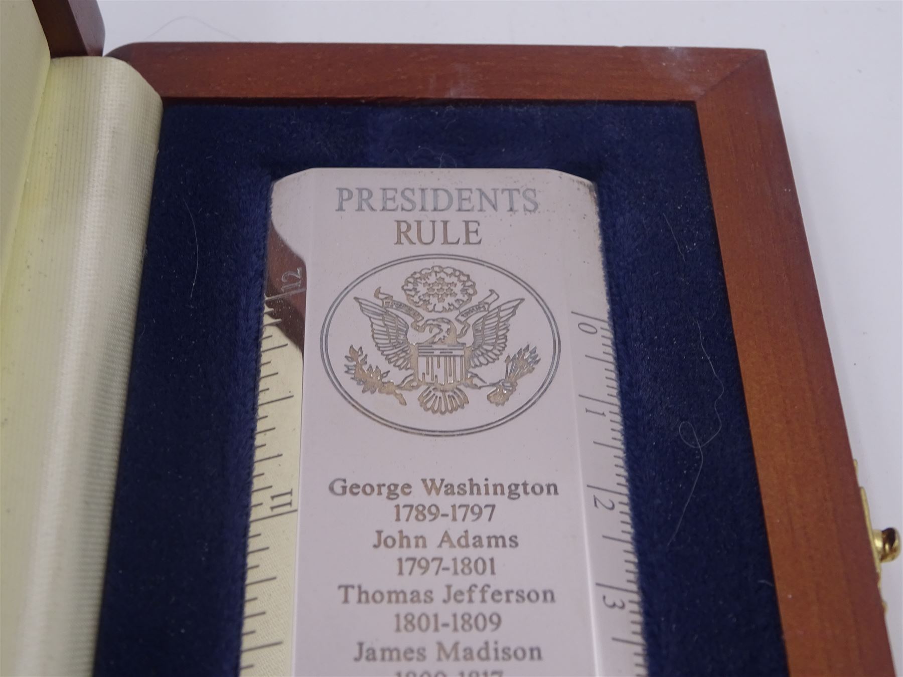 Modern silver 'Presidents Rule' ruler, by Richard Jarvis of Pall Mall, engraved with the names and dates of American Presidents from 1789 to 2001,  hallmarked Richard Jarvis, London 2004, L33.5cm, within silk and velvet lined fitted case
