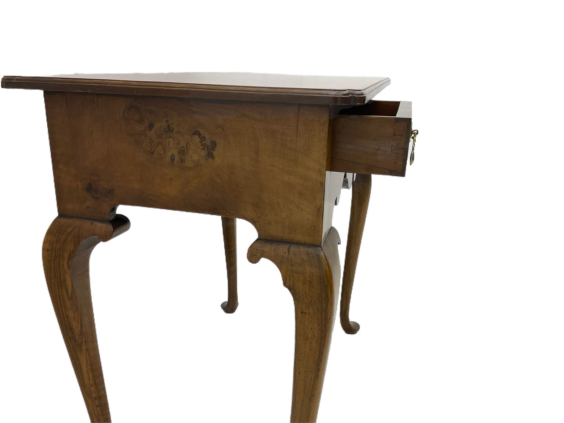 Queen Anne style figured walnut lowboy, moulded rectangular top with band,  over shaped apron fitted with two drawers, on cabriole supports