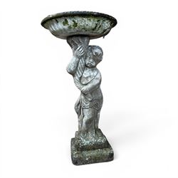 Collection of cast stone garden ornaments - three figure bird baths, figure on plinth, seated lion, lion, boy figure, and stone trough (9)