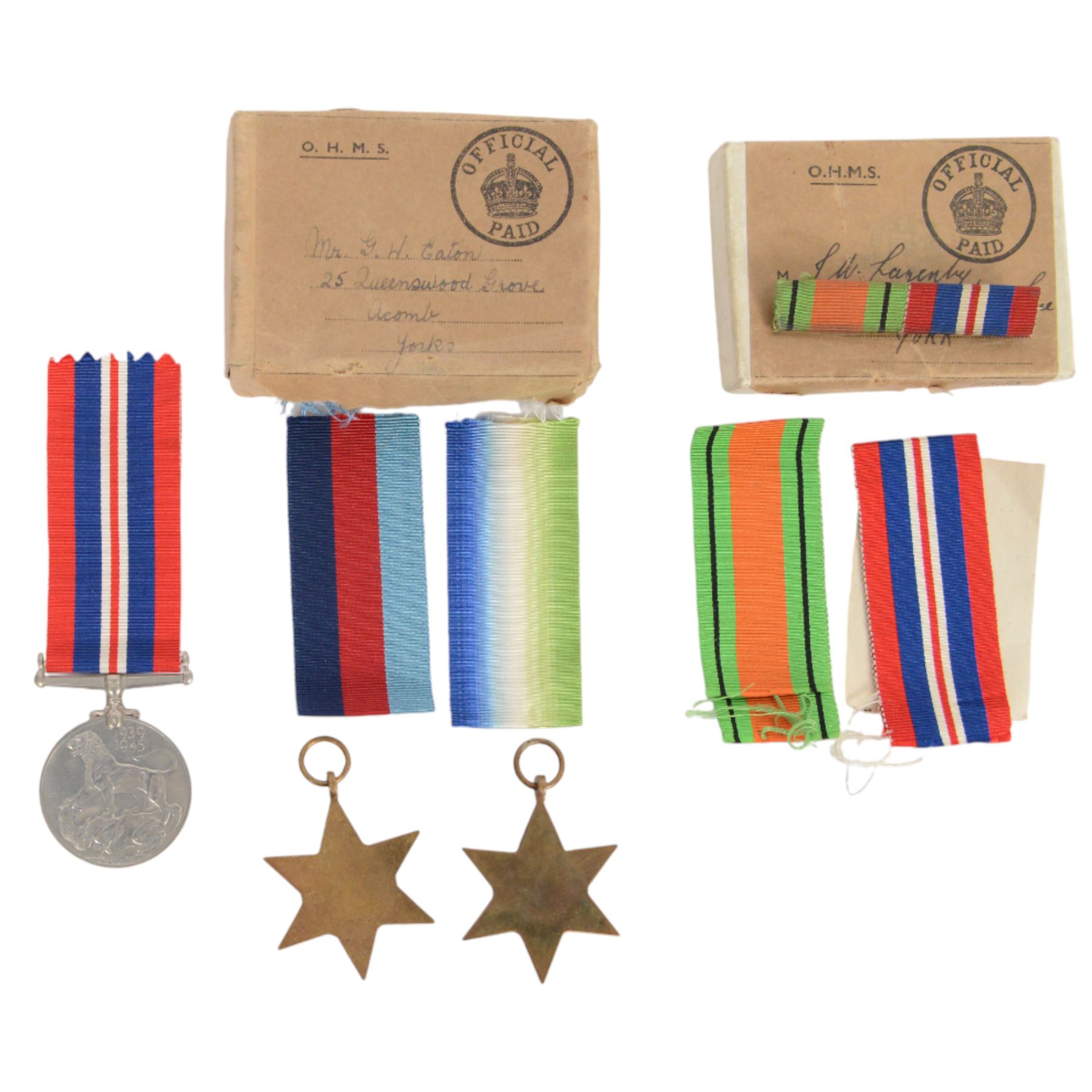 Three sets of WWII medals, comprising trio 1939-45 Star, French and German Star and War medal, awarded to D W Nightingale, trio, 1939-45 Star, Atlantic Star and War medal, awarded to GH Eaton and pair defence and war medal awarded to S Lagenly, all awarded to soldiers from the York area   