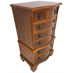 Georgian design small yew wood serpentine chest-on-chest, fitted with six cock-beaded drawers, lower moulded edge over bracket feet