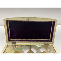 Victorian mother of pearl tea caddy, of rectangular bow-fronted form, the body with floral, bird and geometric engraved mother of pearl panels, white metal shield plaque to the cover inscribed with the initials G.J.A and similar escutcheon, the two division interior with ivory edging and two panelled mother of pearl lids, on four vegetable ivory bun feet L20cm, together with a similar style mother of pearl card case (2) This item has been registered for sale under Section 10 of the APHA Ivory Act