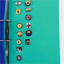 Amateur rugby league enamel badge collection, teams including Birmingham Bulldogs, Bridlington, Dudley Hill, Duke of York, Edinburgh Eagles, Guiseley, Rangers, Huntingdon, Keighley Town, Leigh Miners, Pilkington Recs, St Josephs, Thornhill Trojans, West London Sharks etc, all displayed in three folders and six amateur league badges from Leeds & District, Hull & District, York & District, Warrington, Lancashire County and Yorks County in box display, (approximately 270)