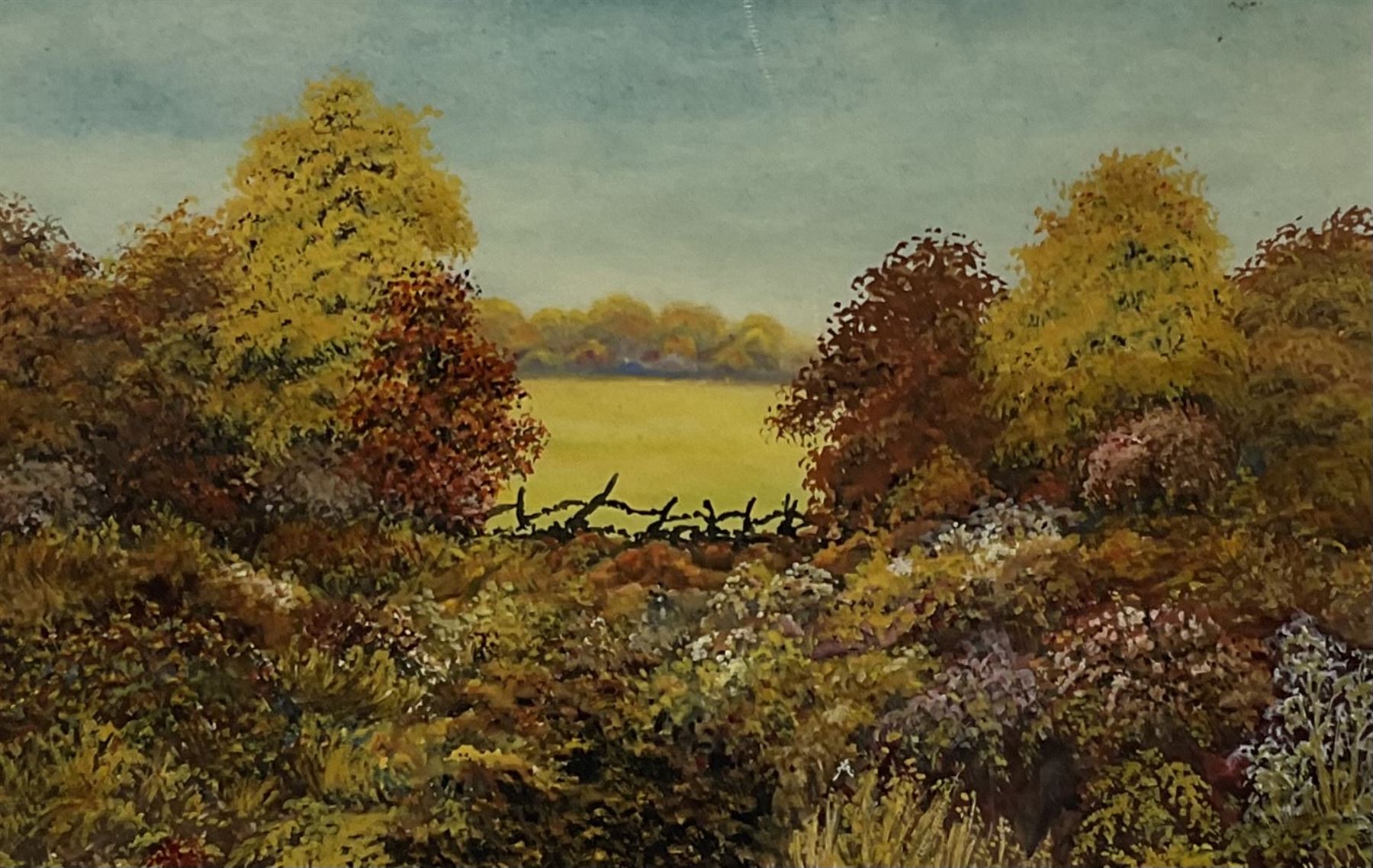 George Hewitt (British 19th/20th century): Manor House Landscape, watercolour signed and dated 1894, 26cm x 36cm; English School (20th century): Autumn Field Landscape, gouache indistinctly signed 17cm x 25cm; English School (20th century): Dales Hamlet Landscape, watercolour indistinctly signed 25cm x 33cm (3)