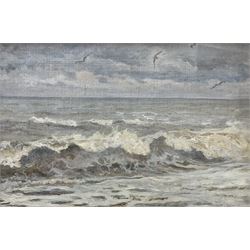 Dame Ethel Walker DBE ARA (British 1861-1951): Seascape Study with Seagulls, oil on canvas laid on board unsigned, old attribution and title label verso along with Whitley Bay framer's label 26cm x 39cm 
Notes: probably a view at Robin Hood's Bay, where Walker had a cottage.