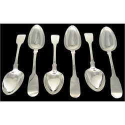 George IV matched set of six Fiddle pattern spoons with engraved monogram to terminals, hallmarked T Cox Savory, London 1828, and John, Henry & Charles Lias, London 1829, approximate total silver weight 7.78 ozt (242 grams)