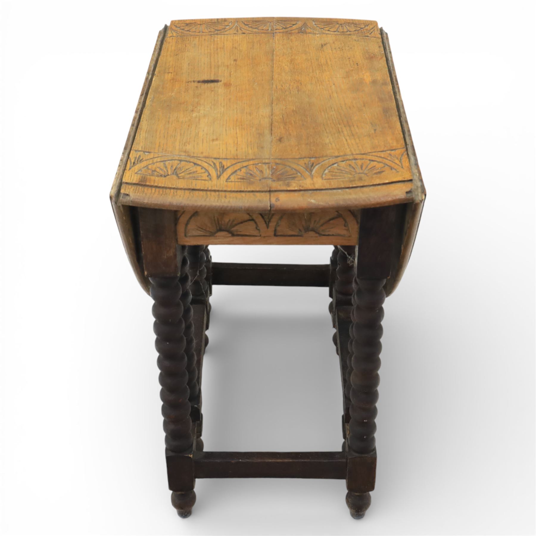 19th century oak country tables, comprising a oak country tripod table, circular top on a turned baluster stem issuing three cabriole supports with pad feet (H 71cm, Dia 80cm) carved oak gate leg table, the rectangular drop-leaf top decorated with foliate carving, raised on turned legs united by stretchers, with gate leg action (H 71cm, W 73cm, D 44cm)