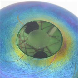 John Ditchfield for Glasform disc paperweight in iridescent blue with green lilies and silver hallmarked dragonfly to top, D12cm
