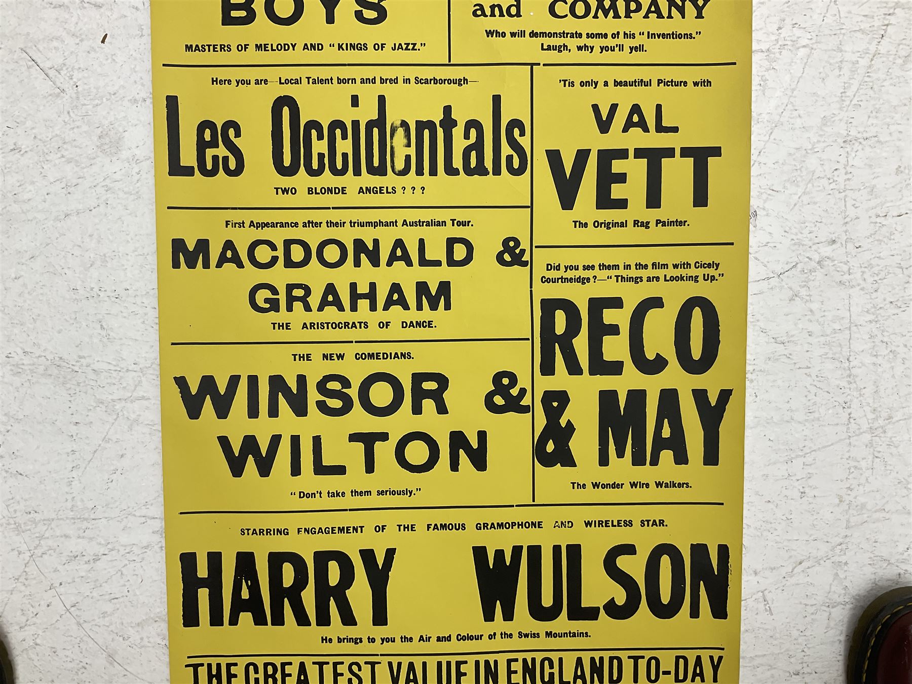 Grand Opera House Scarborough Poster November 4th 1935, black on a yellow ground, printed by E.T.W. Dennis & Sons Ltd, Printing House Square, Scarborough, unframed and rolled 125cm x 50cm