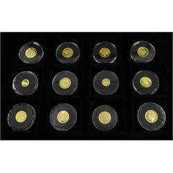 Fifteen gold coins from 'The Smallest Gold Coins of the World Collection', including Isle of Man 1989 1/25 ounce crown, Australia 1991 1/20 ounce five dollars, China 1995 1/20 ounce panda etc
