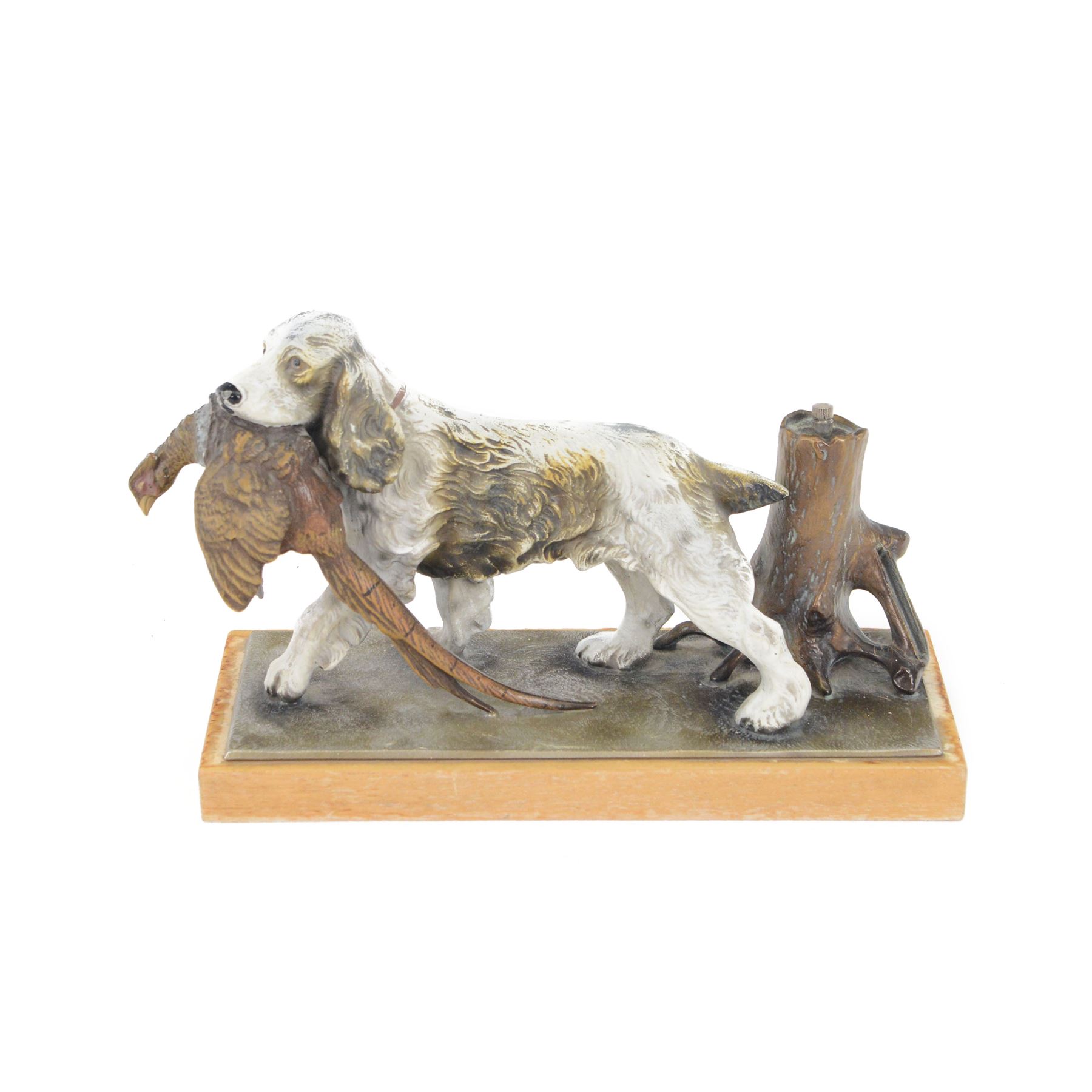 20th century Austrian cold painted spelter table lighter in the form of a spaniel retrieving a pheasant, including base H15.5cm L25cm