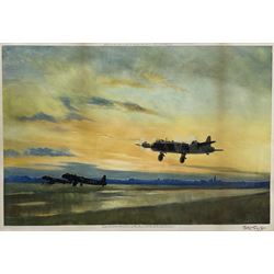 Sir Peter Markham Scott (British 1909-1989): 'Take Off at Dusk' - Bombers, colour print signed in pencil pub. 1942 with Fine Art Trade Guild blindstamp 36cm x 53cm 
Notes: an unusual wartime scene for Scott, best known for his avian pictures.