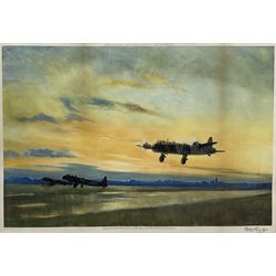 Sir Peter Markham Scott (British 1909-1989): 'Take Off at Dusk' - Bombers, colour print signed in pencil pub. 1942 with Fine Art Trade Guild blindstamp 36cm x 53cm 
Notes: an unusual wartime scene for Scott, best known for his avian pictures.