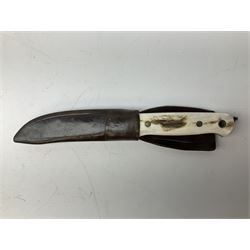 Three hunting knives, each blade marked A. Wright & Sons Sheffield, one with leather handle, one with horn handle and one with antler handle; each with leather sheath (3)