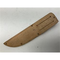 Graduated set of three Bowie knives by J. Nowill & Sons Sheffield England Est. AD1700, each with steel blade, brass cross-piece, stacked leather type grip and alloy pommel; largest blade 13cm and smallest 7.5cm; each in leather sheath (3)