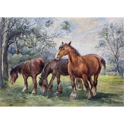 Manner of Rosemary Sarah Welch (British 1946-): Shire Horses Grazing, watercolour unsigned 26cm x 36cm 