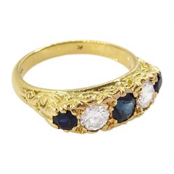 18ct gold five stone round brilliant cut diamond and sapphire ring, stamped, total diamond weight approx 0.50 carat