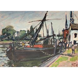 English School (20th century): Ship Moored in Canal, oil on board signed PJ 18cm x 25cm (unframed)