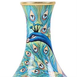 Moorcroft enamel vase, peacock design, signed beneath, boxed 