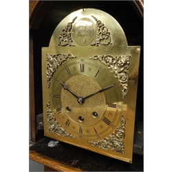  20th century oak grandmother clock, arched hood with glazed door, applied geometric beading to door and base, triple train driven Westminster chiming movement, H160cm  