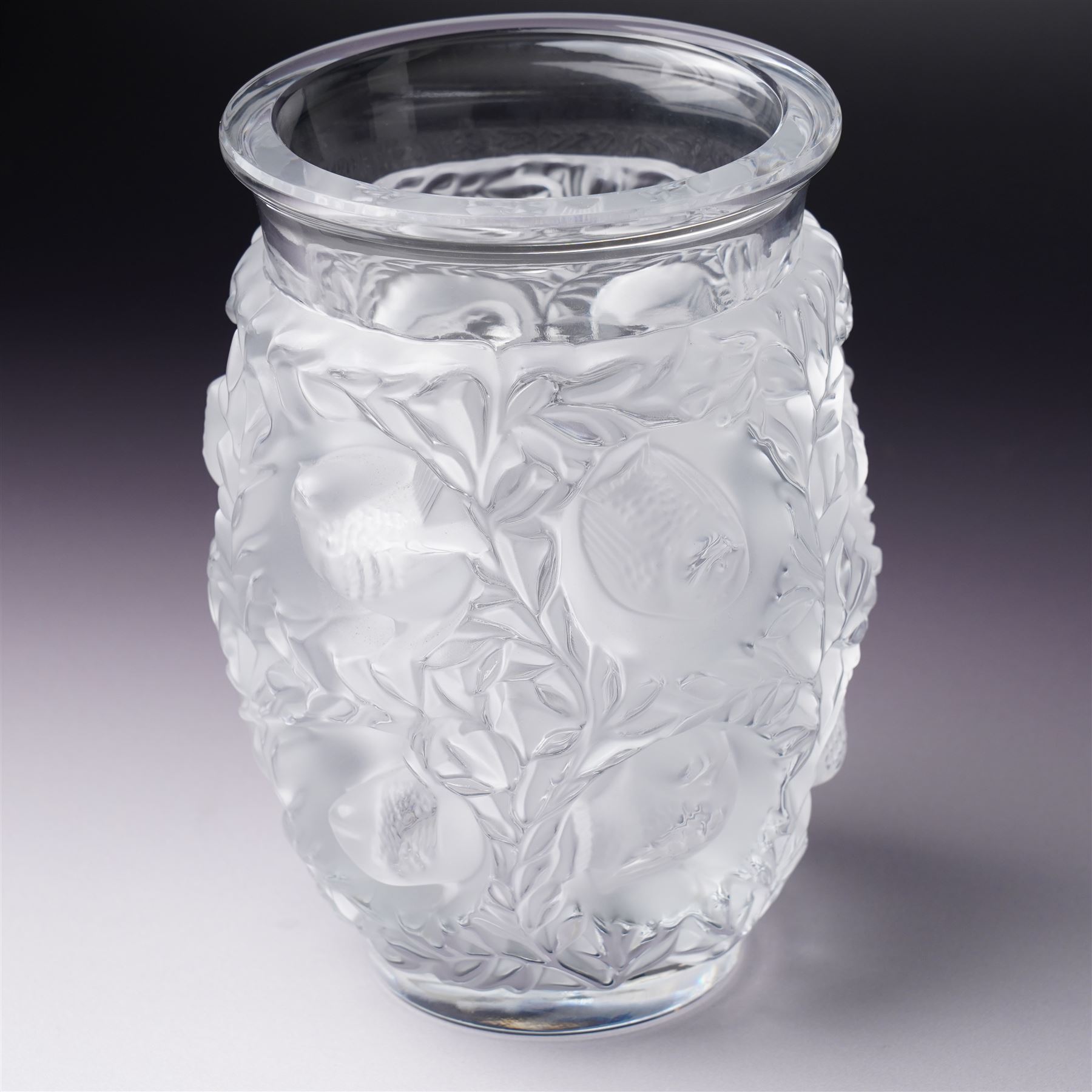 Lalique 'Bagatelle' frosted glass vase, decorated with sparrows in a hedge, marked Lalique France to base, H17cm 