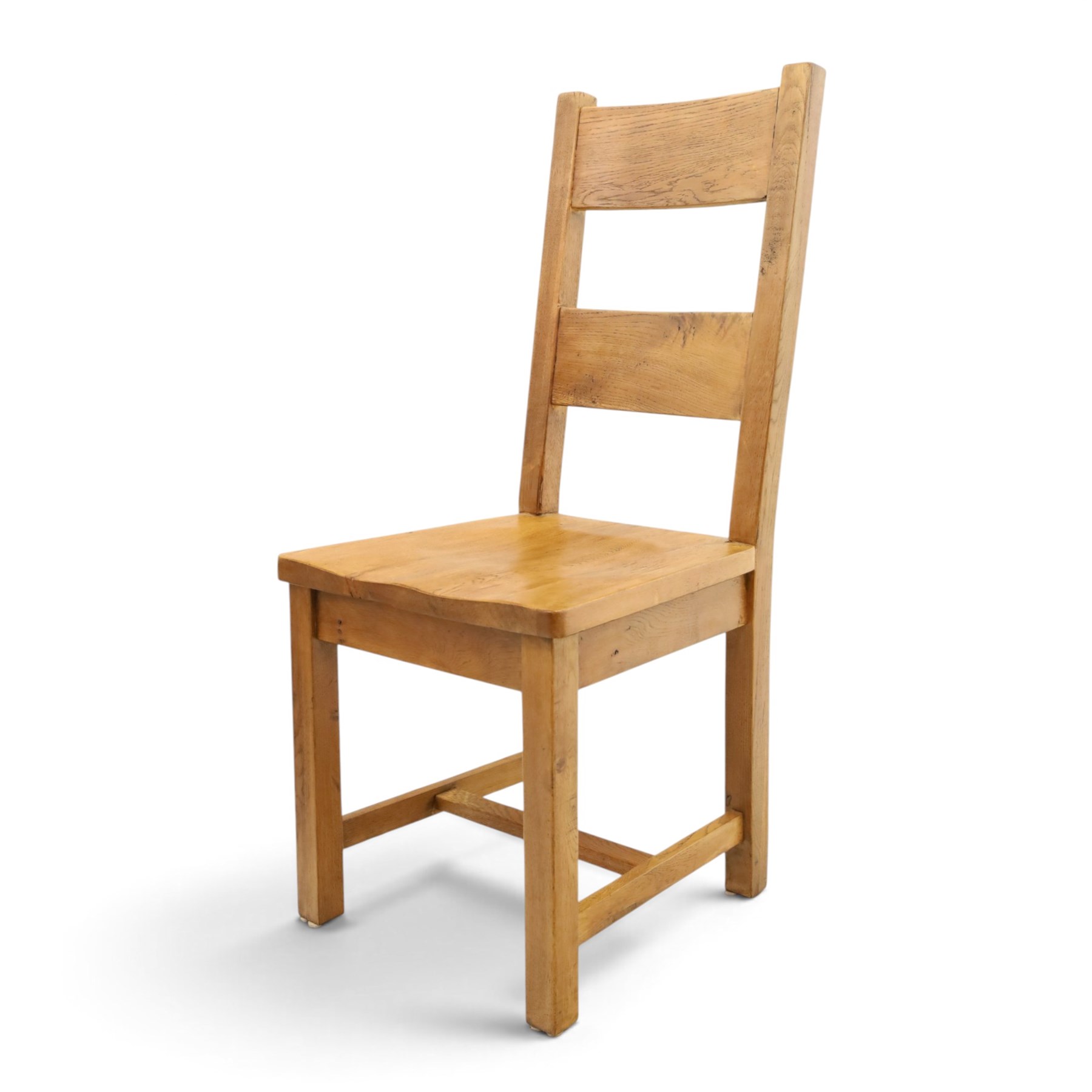 Indigo Furniture - large rustic oak dining table, rectangular four plank top raised on square supports; with set of six beech high ladder-back dining chairs