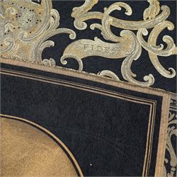 Large heraldic wall hanging, decorated with gilt threads, the central coat of arms over Latin motto 'Mea Gloria Fides' or 'Faith is my Glory',  174cm x 255cm