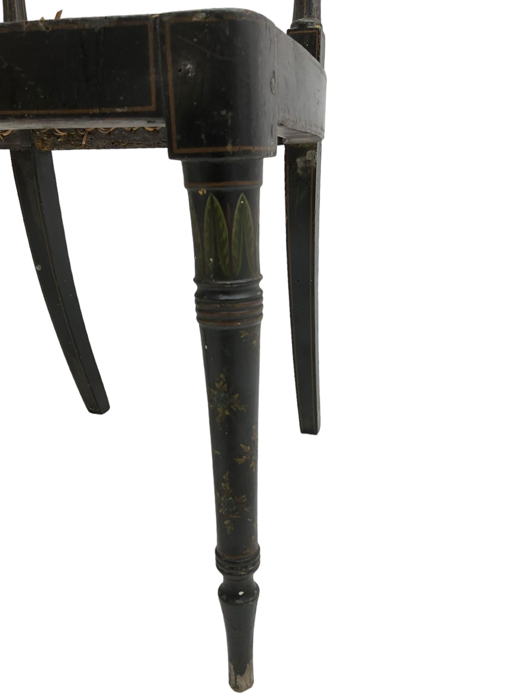 Collection of Regency dining chairs - set of four Regency painted beech dining chairs, with cane seat and back, on collar turned supports with splayed feet (W46cm, H84cm); a pair of Regency ebonised dining chairs (W47cm, H77cm); and a single Regency dining chair, the cresting rail painted with floral cornucopias and central putto vignette, X-frame back over cane seat, on collar turned front supports painted with foliage (W46cm, H84cm) (7)