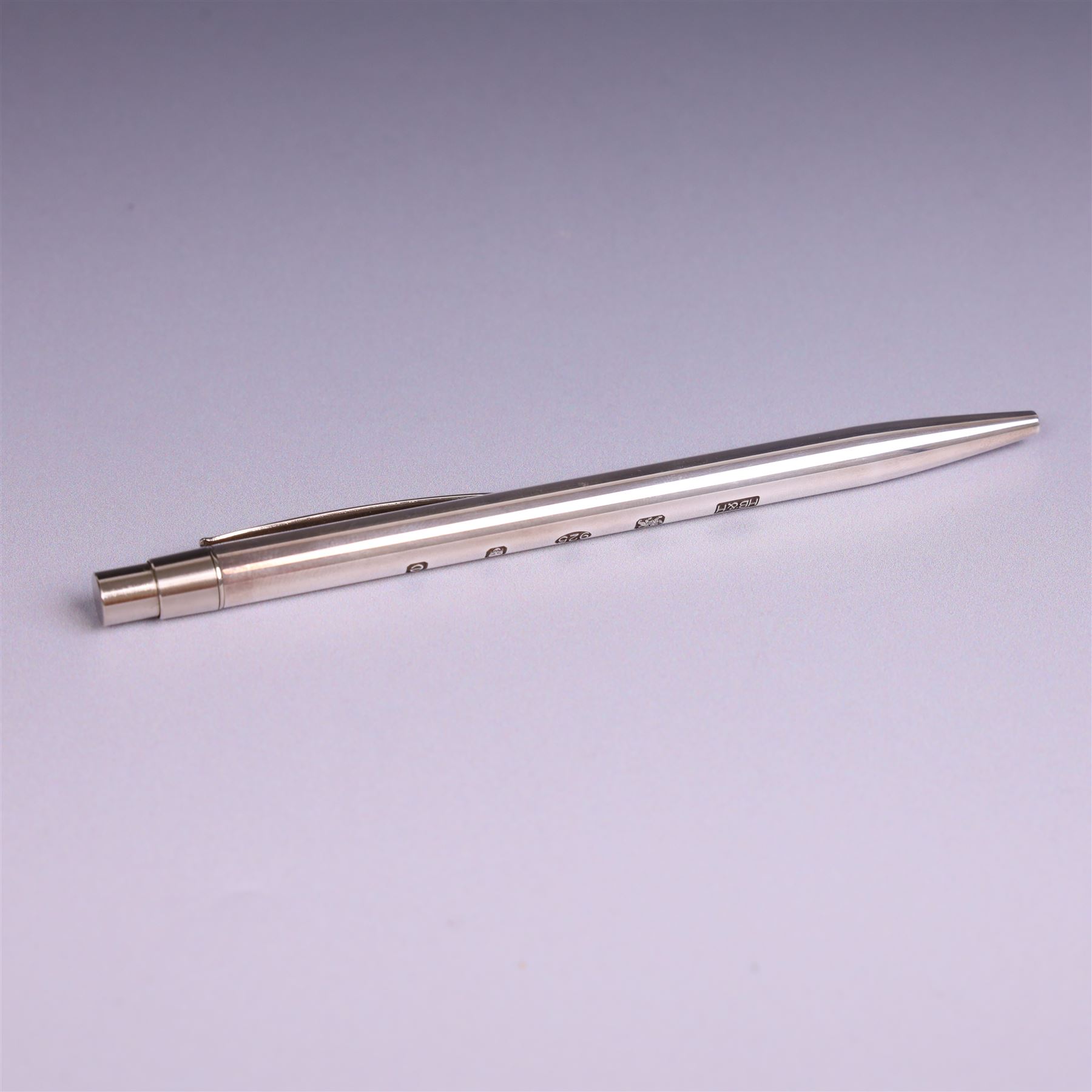 Modern silver cased ball point pen, with decorative hallmark, Harrison Brothers & Howson Ltd, London 2004, boxed