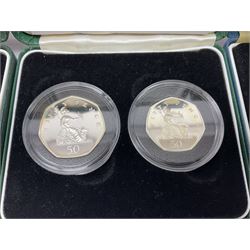 The Royal Mint United Kingdom cased silver proof coins or sets, comprising 1990 piedfort five pence, 1990 five pence two coin set, 1992 ten pence two coin set, 1992 piedfort ten pence, 1994 'D-Day' fifty pence, 1997 fifty pence two coin set, 1997 piedfort two pounds, 1998 '25th Anniversary EEC' and 1997-1998 two pound two coin set, all cased with certificates