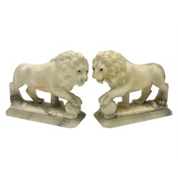 Pair of alabaster lions, after the medici lions upon rectangular bases, H13cm