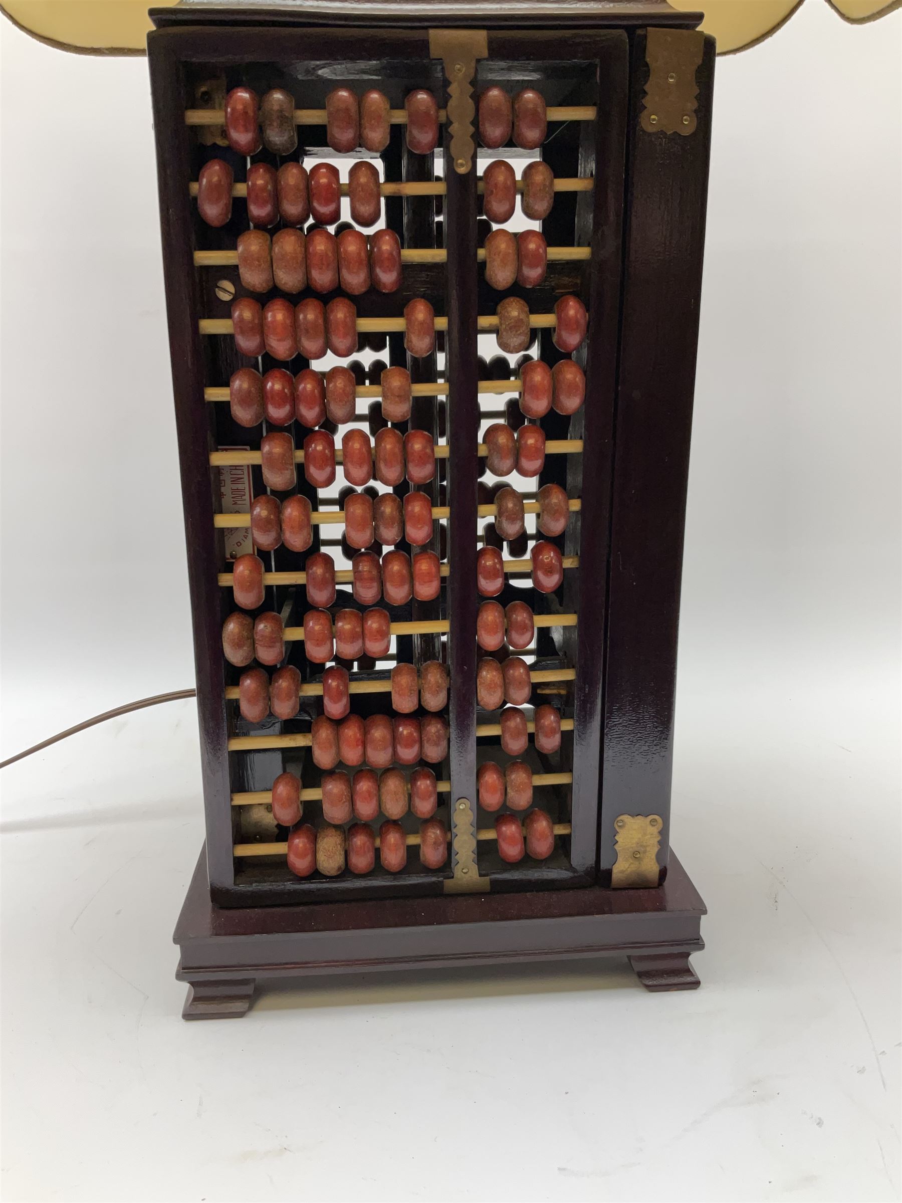Vintage Chinese abacus table lamp, with double light fitting, and cream fabric shade decorated with characters, overall H73cm