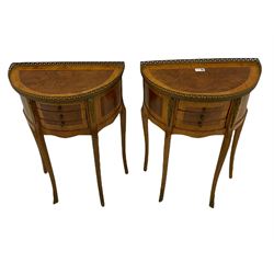 Pair late 20th century French walnut demi-lune stands, each bedside fitted with three drawers, on cabriole supports, cast gilt metal mounts 