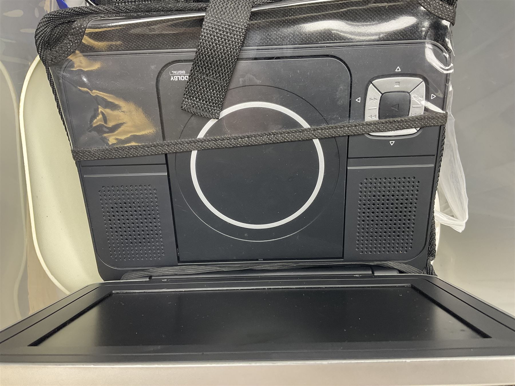 Singer 66 sewing machine in wooden case, together with an LG DVD player with speakers, two portable DVD players, etc 