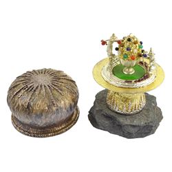 Christopher Nigel Lawrence limited edition silver and parcel gilt surprise mushroom, the textured domed cover opening to reveal two elves planting lapidary stone set flowers within a large Easter egg, upon a slate base, no 33/250, hallmarked Christopher Nigel Lawrence, London 1982, overall H9cm