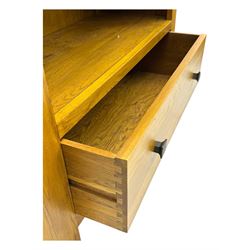 Oak Furnitureland, golden oak open bookcase fitted with single drawer