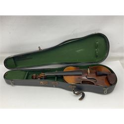 German trade violin c1900 stamped PAGANINI with 35.5cm two-piece maple back and ribs and spruce top L58.5cm overall; in carrying case; and another German trade violin for spares or repair; in carrying case (2)