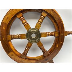 Wall hanging Spectrum quartz clock and Weathermaster barometer, together with six turned spokes ship wheel with brass central boss, D48cm