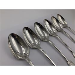George IV Scottish silver Kings pattern cutlery for six place settings, to include table spoons, table forks, dessert spoons and dessert forks, all engraved with shamrock crest to terminal, hallmarked Robert Gray & Son, Glasgow 1833