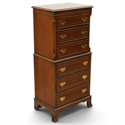 Georgian design mahogany chest-on-chest, fitted with six graduating cock-beaded drawers with satinwood stringing, on bracket feet