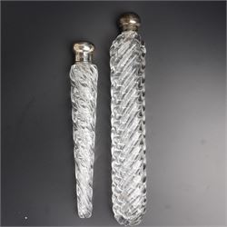 Victorian long glass scent flask of spiral form with silver screw off lid L28cm London 187...