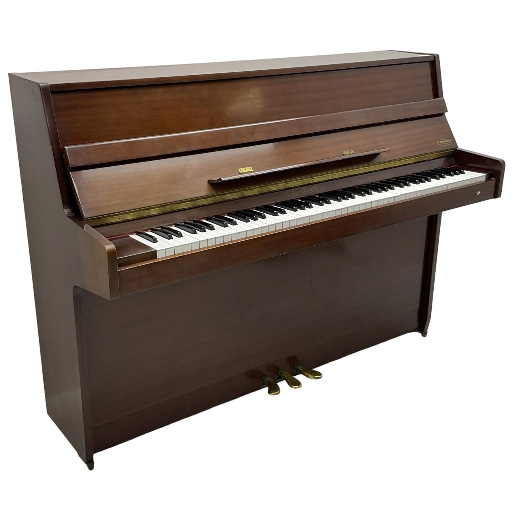 Offenbach - mid-20th century Sapele Mahogany cased upright piano, overstrung iron movement, with stool
