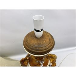 20th century Japanese vase converted to a lamp, the baluster form body decorated with samurai warriors and blossoming branches with twin handles, with wood base and fixtures, with tasselled fabric shade, H56cm excl shade