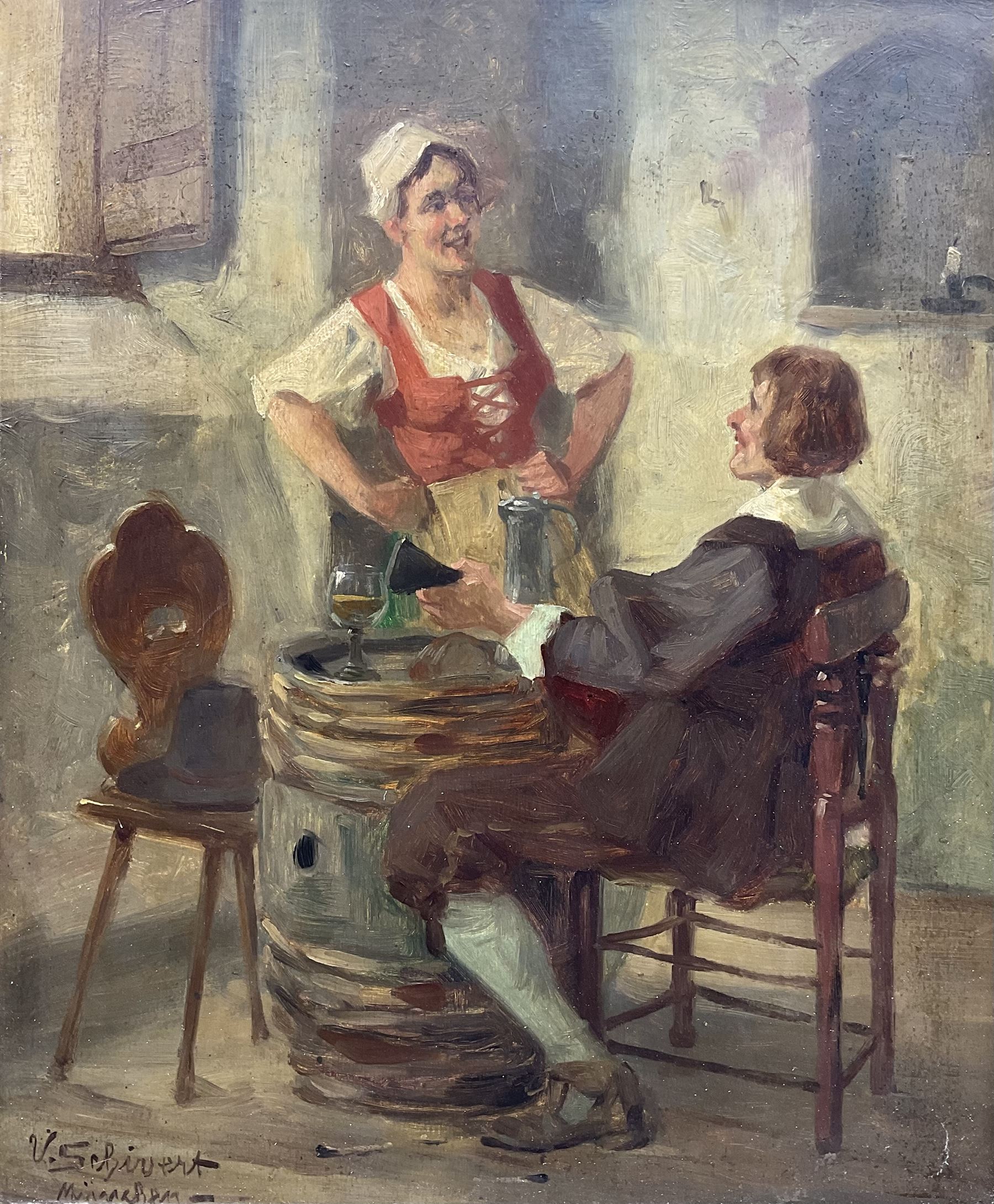 Viktor Schivert (Romanian 1863-1929): Tavern Interior, oil on board signed 45cm x 37cm