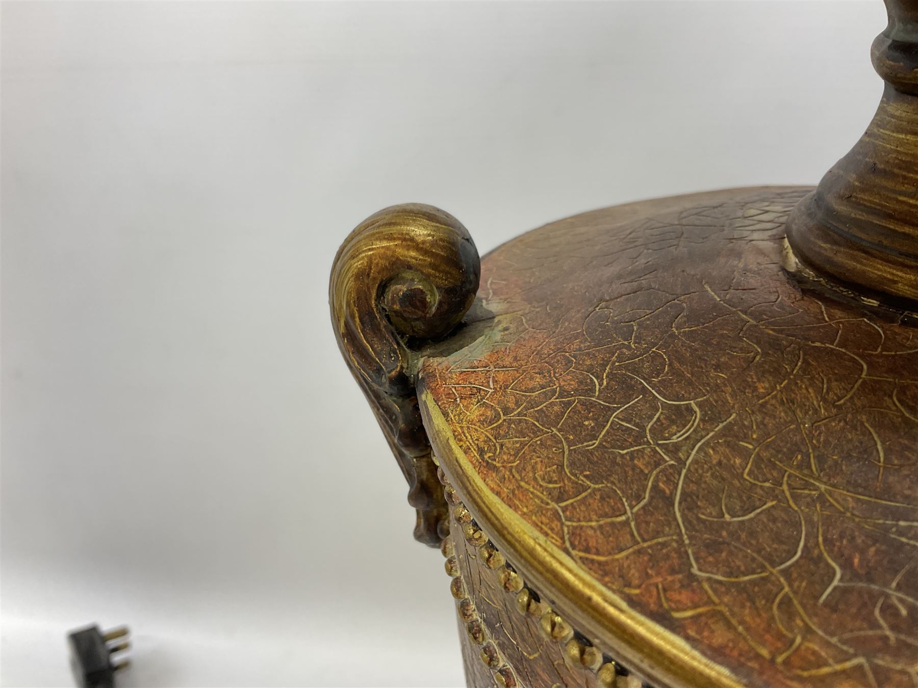 Pair of table lamps decorated with gold crackle effect design, upon stepped bases, with fabric shades, H86cm