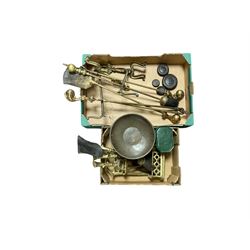 Brass fire dogs, modelled as knights, together with fire tools with ball and claw handles ...